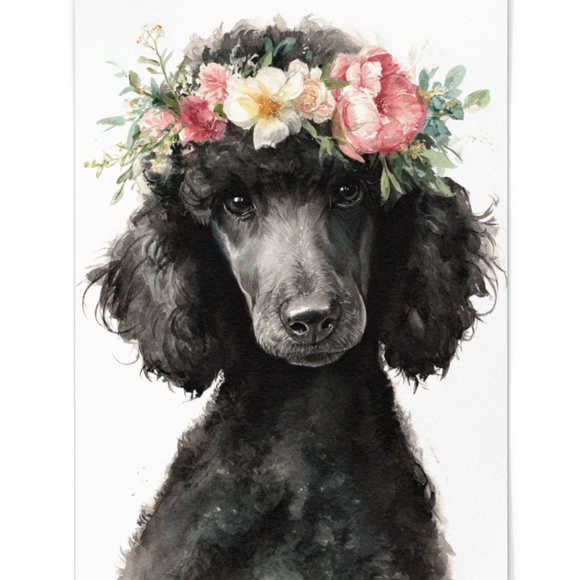 Watercolor Black Poodle with Flowers Crown Portrait Wall Art Print - Unframed - Picture 2 of 6